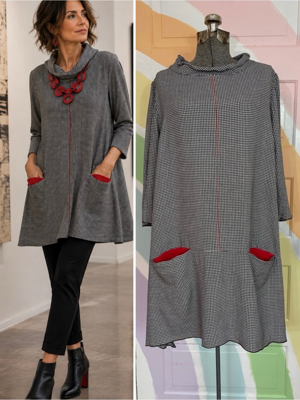Susan Otterson Art-to-Wear Houndstooth Tunic Red Stitch Detail Pockets~M💛🎀